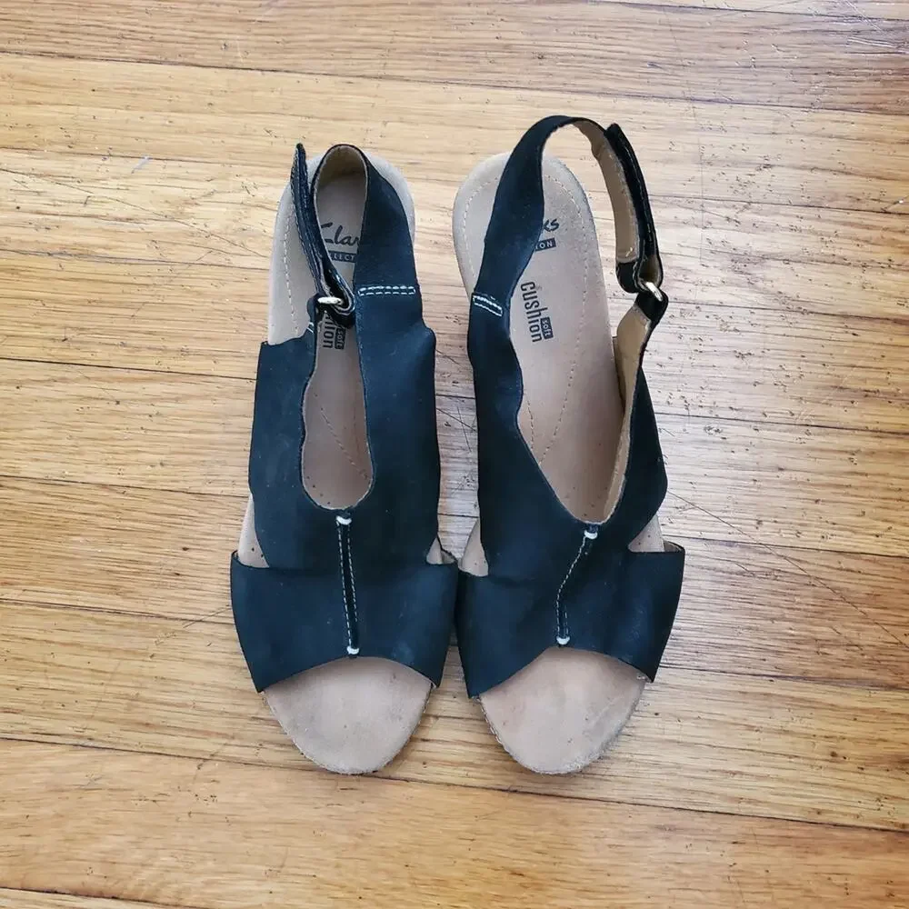 Clarks Black Wedge Peep Toe Sandals 9.5